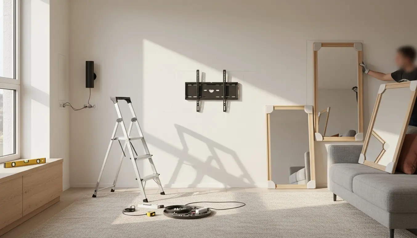 Nærbillede af hænder og værktøj, der monterer en lampe, to spejle og et TV på en væg i en lys, moderne stue.