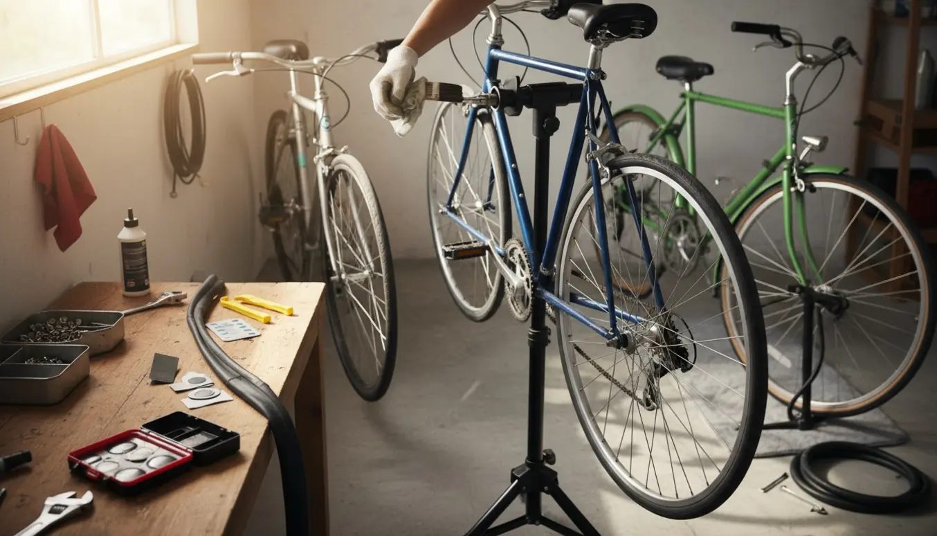 Tre cykler i en solbelyst garage, to får lappet flade dæk, og kæden smøres.