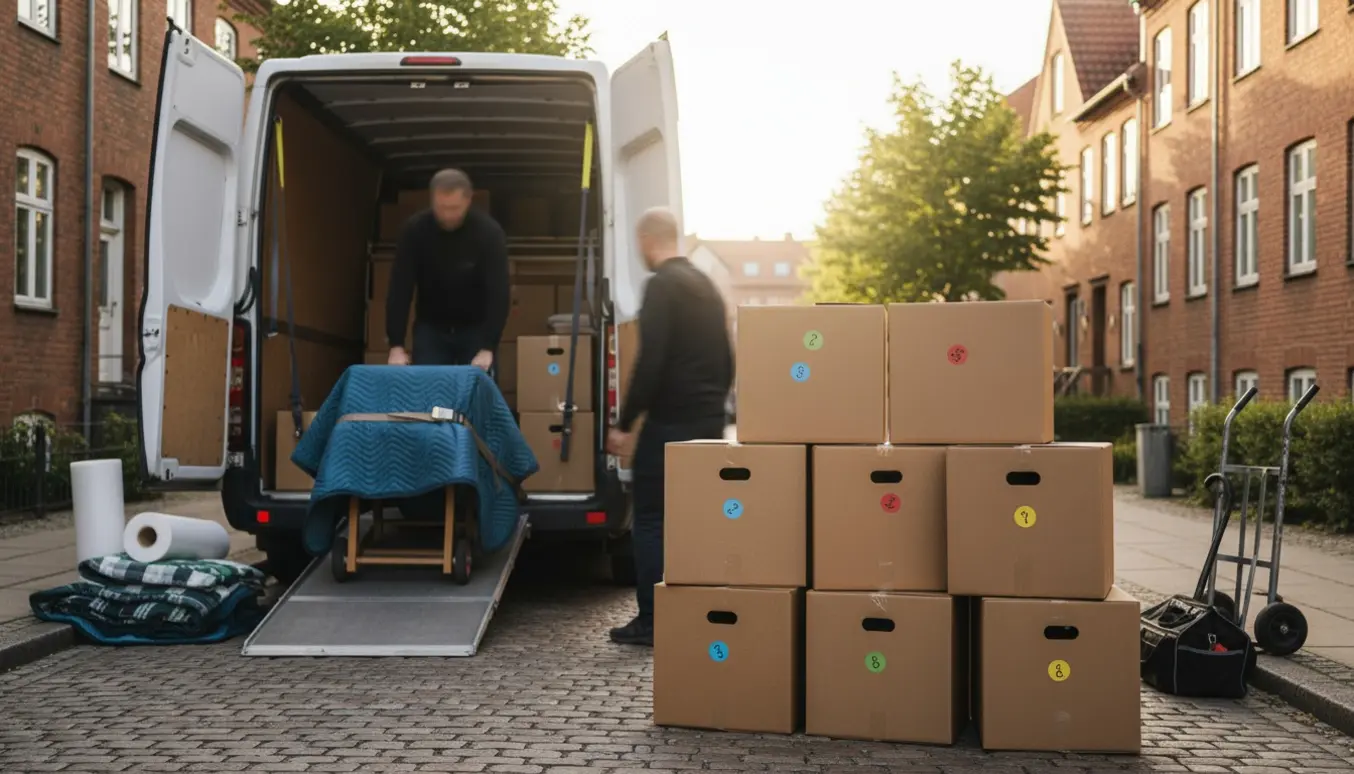 Åben flyttevogn i Aarhus C om morgenen med 12 stabler flyttekasser og et indpakket bord klar til transport.