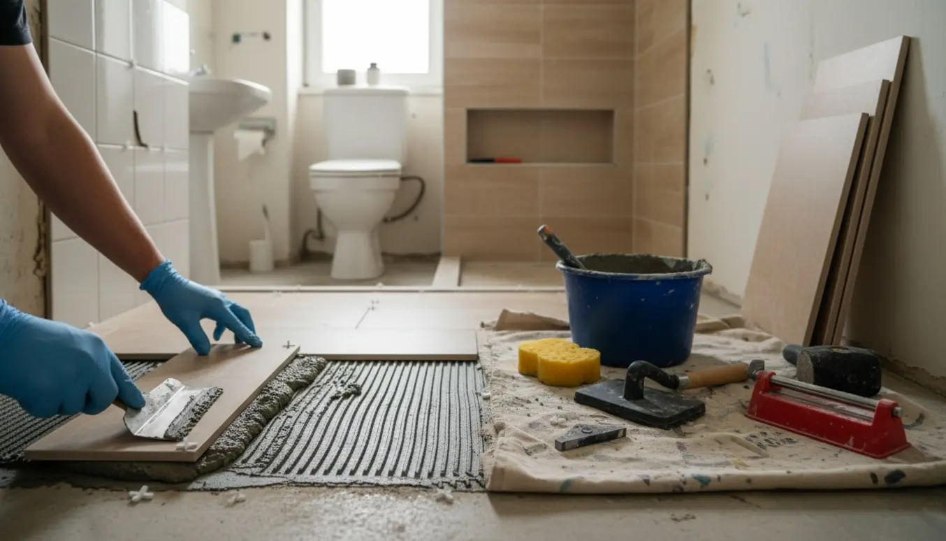 Lille 4 m² badeværelse under renovering med nye fliser på gulv og vægge og hænder, der arbejder med fliseklæb og fugeværktøj.