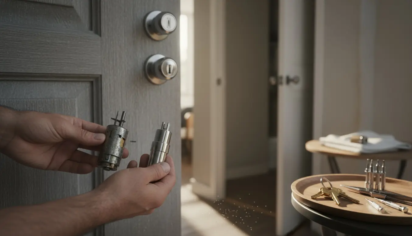Nærbillede af hænder, der udskifter og sammenligner en defekt og en ny mekanisk hoveddørslås med matchende nøgler.