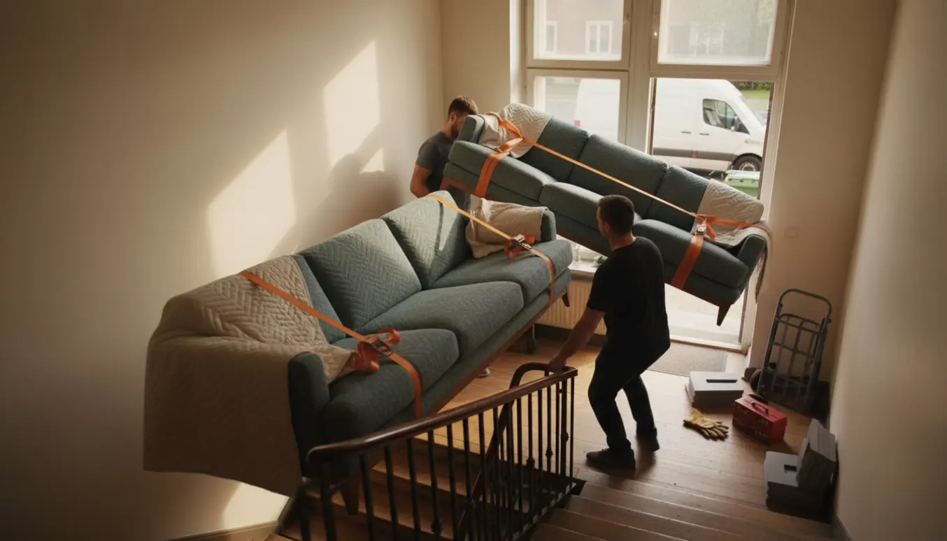 To flyttemænd bærer to halve af en 3-personers sofa med chaiselong ned ad en boligtrappe klar til bortskaffelse.