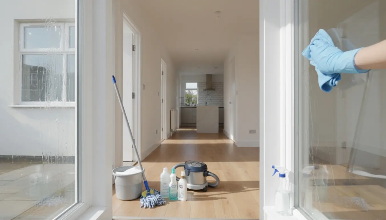 Indvendigt rækkehus ved flytterengøring, hænder pudser vindue med mikrofiberklud mens rengøringsudstyr står parat.