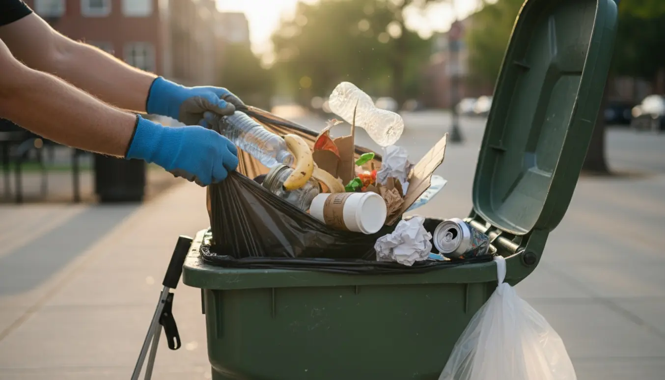 Hænder i handsker kaster blandet affald i en åben skraldespand på en byfortov.