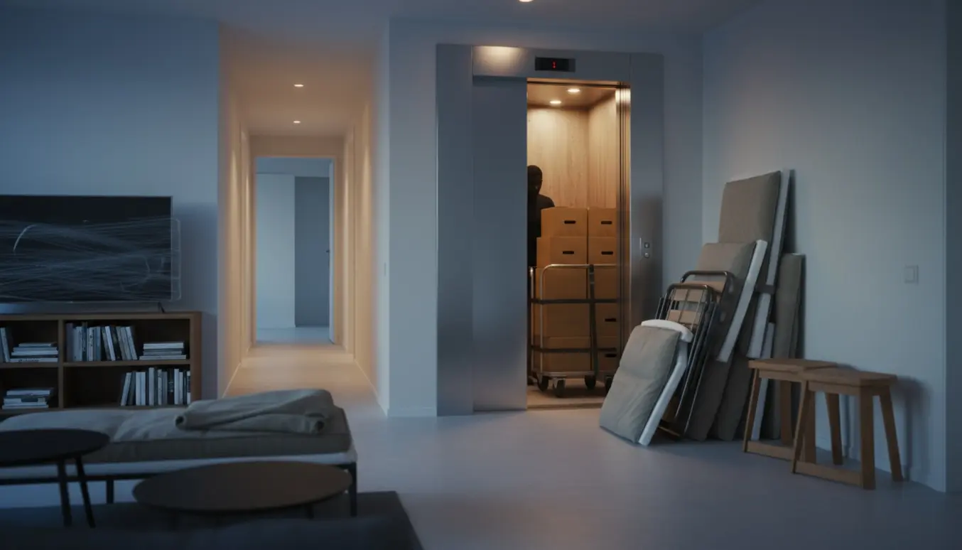 Flyttevogn med 12 små flyttekasser og pakket møblement foran en åben elevator i en lejlighedsgang.