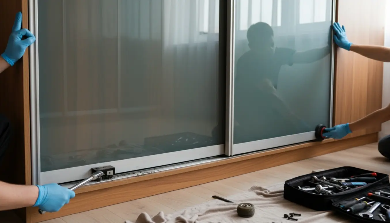 Hænder og værktøj justerer en fastklemt glas skydedør i et stort garderobeskab.