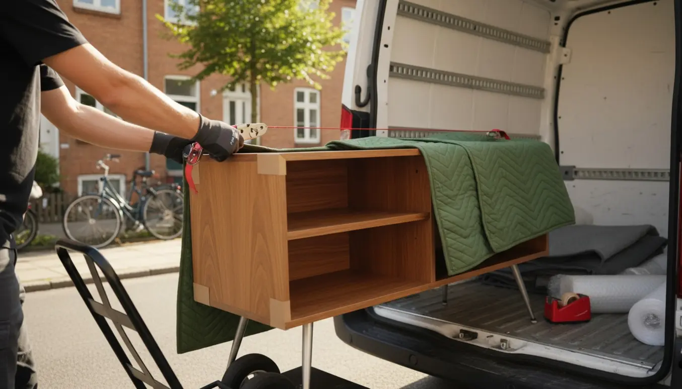 Et TV-bord bliver forsigtigt læsset ind i en flyttevogn på en rolig københavnsk gade.