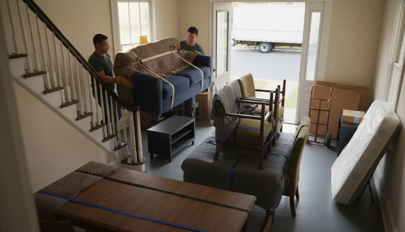 Flyttere bærer en sofa ned ad en trappe mod en åben flyttebil, omgivet af indpakkede møbler og flyttetæpper.