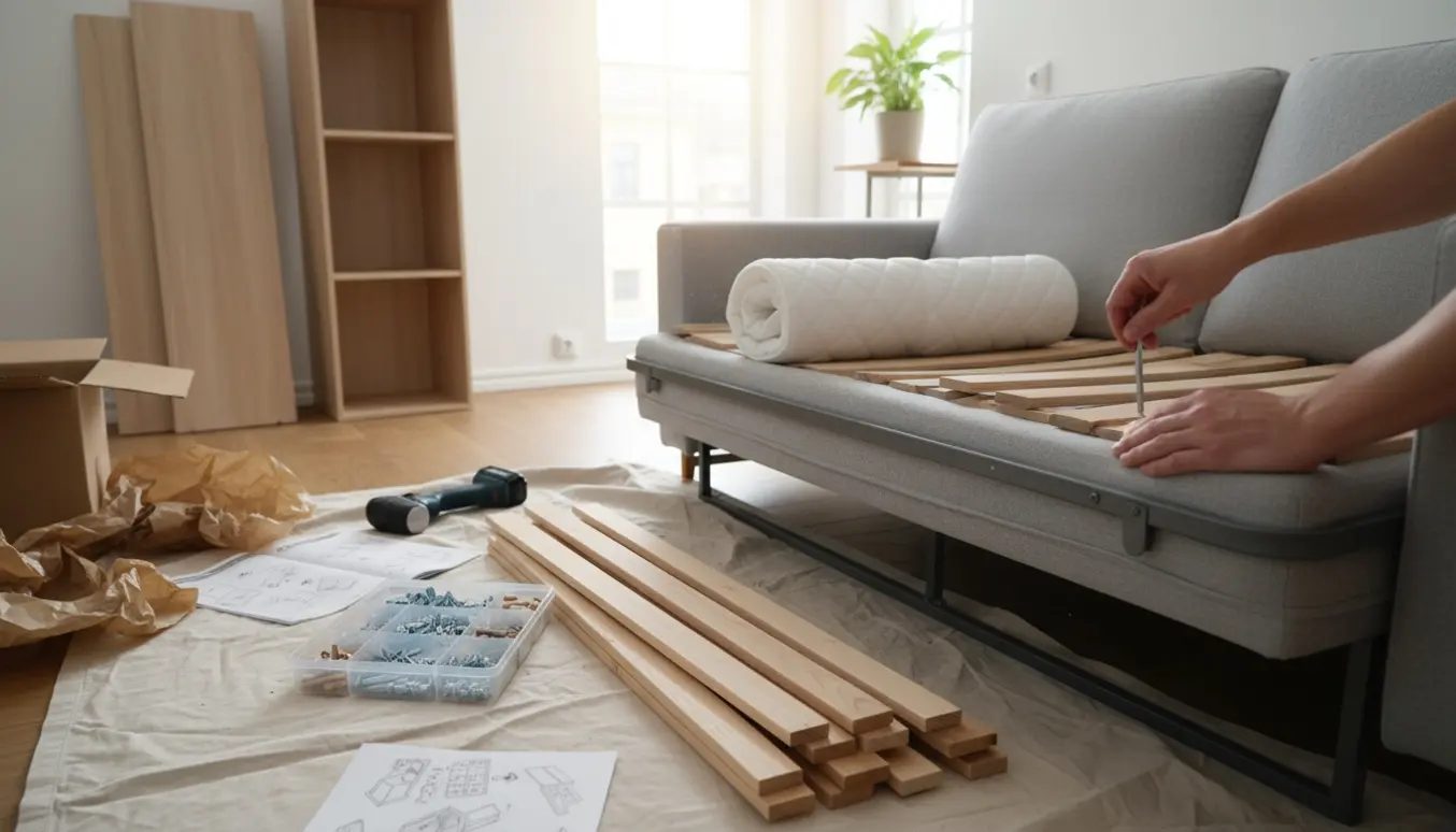 Hænder samler en sovesofa og et klædeskab med værktøj og monteringsdele i en lys stue.