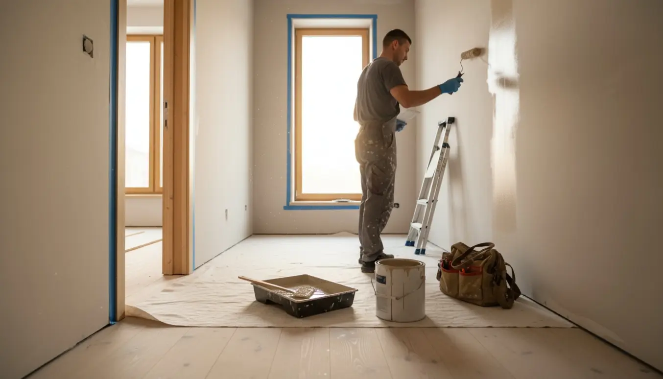 En maler ruller hvid maling på en væg i en nybygget lejlighed med værktøj og afdækning i rummet.