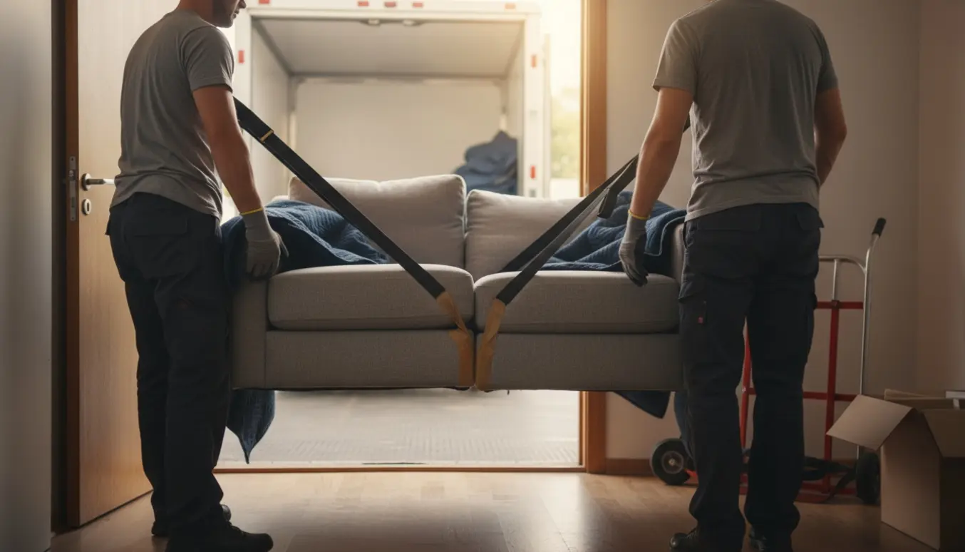 To personer uden synlige ansigter bærer en todelt 3-personers sofa gennem en døråbning med flyttetæpper og udstyr.