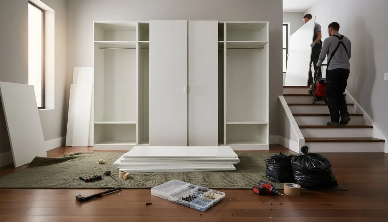 Delvist demonteret stort PAX-garderobeskab på 1. sal med værktøj, flytteudstyr og dele klar til bortskaffelse.