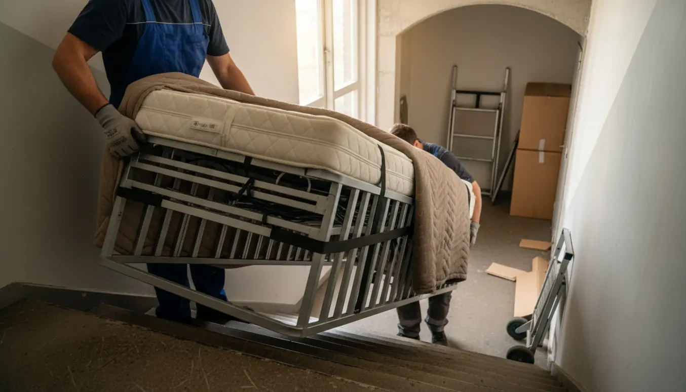 To flyttemænd bærer en elevationsseng ned ad en trappe mod et lager i Karlslunde, set uden tydelige ansigter.