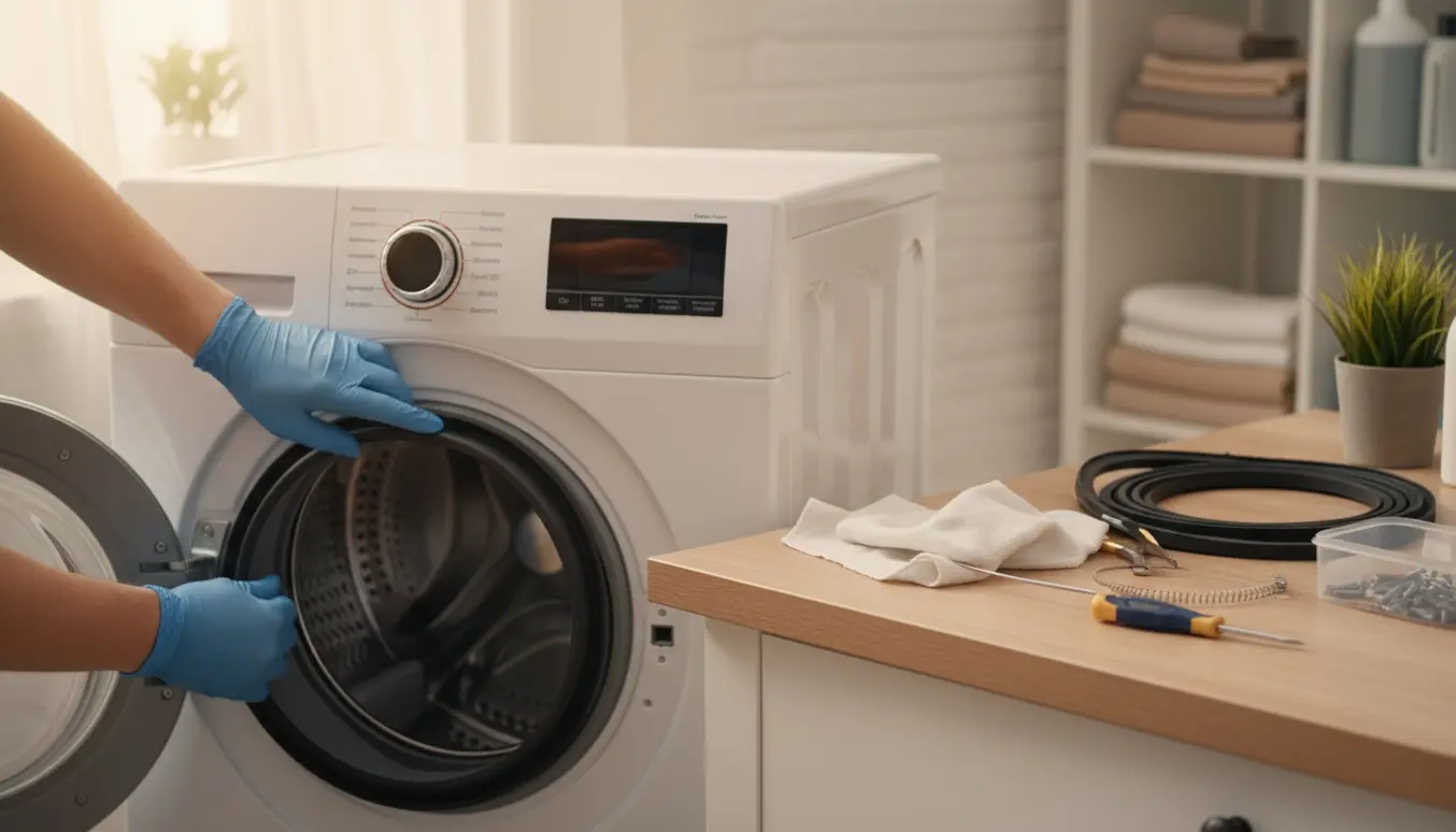 Nærbillede af hænder, der monterer en ny gummidørbælg på en frontbetjent vaskemaskine med værktøj ved siden af.