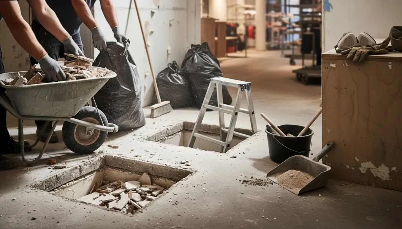 Gloved hænder tømmer byggeaffald fra butikslignende lyskasser med trillebør, sække og værktøj.