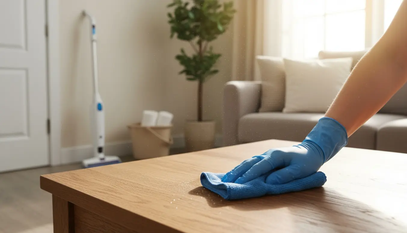 Hænder i gummihandsker pudser et sofabord i en lys, ryddelig stue med rengøringsudstyr i baggrunden.
