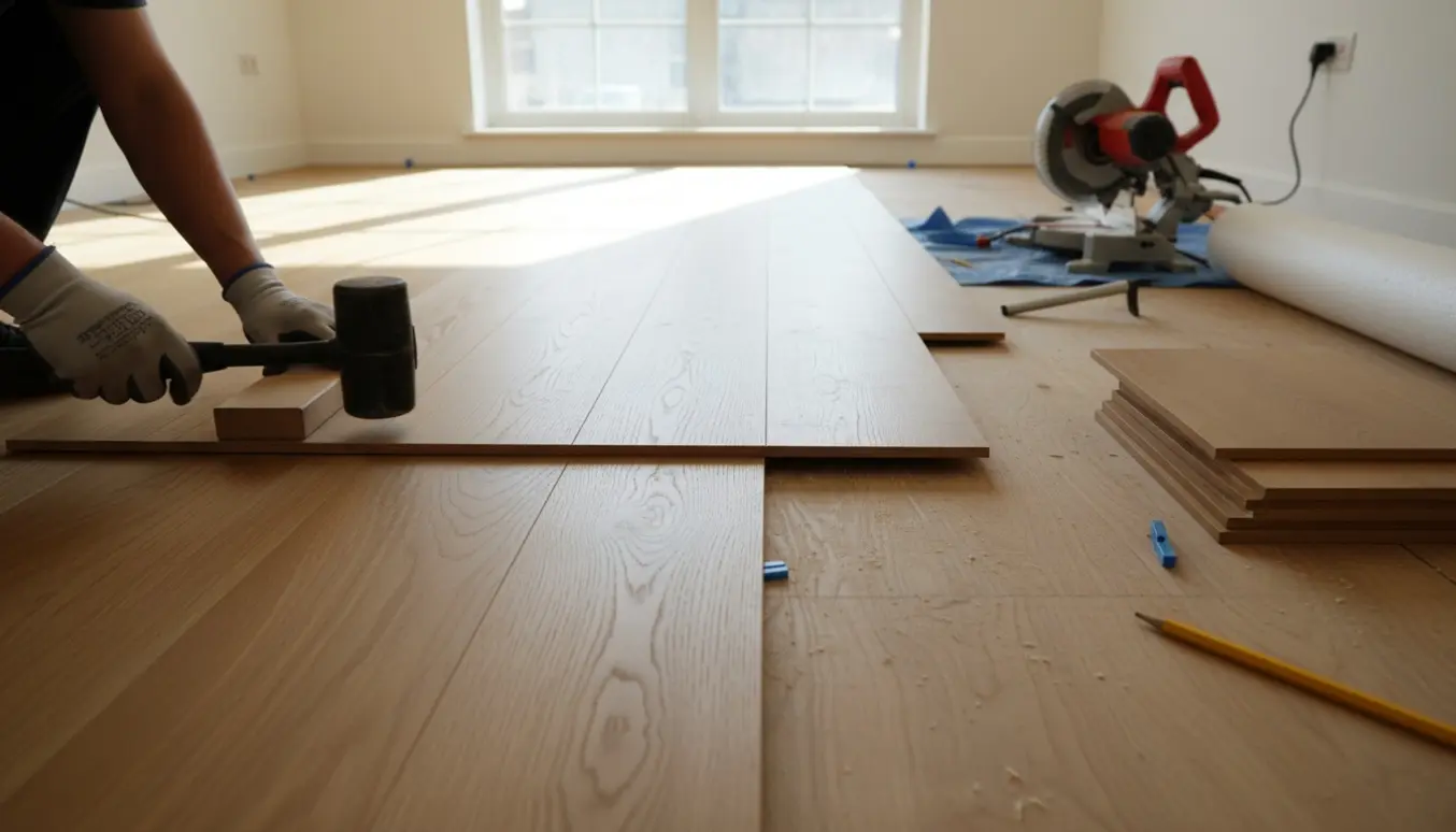 Delvist lagt nyt trægulv på første sal med værktøj og hænder i arbejde.