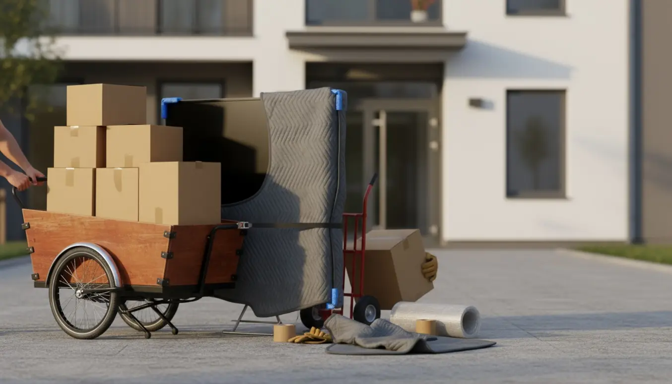 Syv flyttekasser og en stor fladskærm lastes på en trehjulet kassecykel foran en lejlighedsindgang.