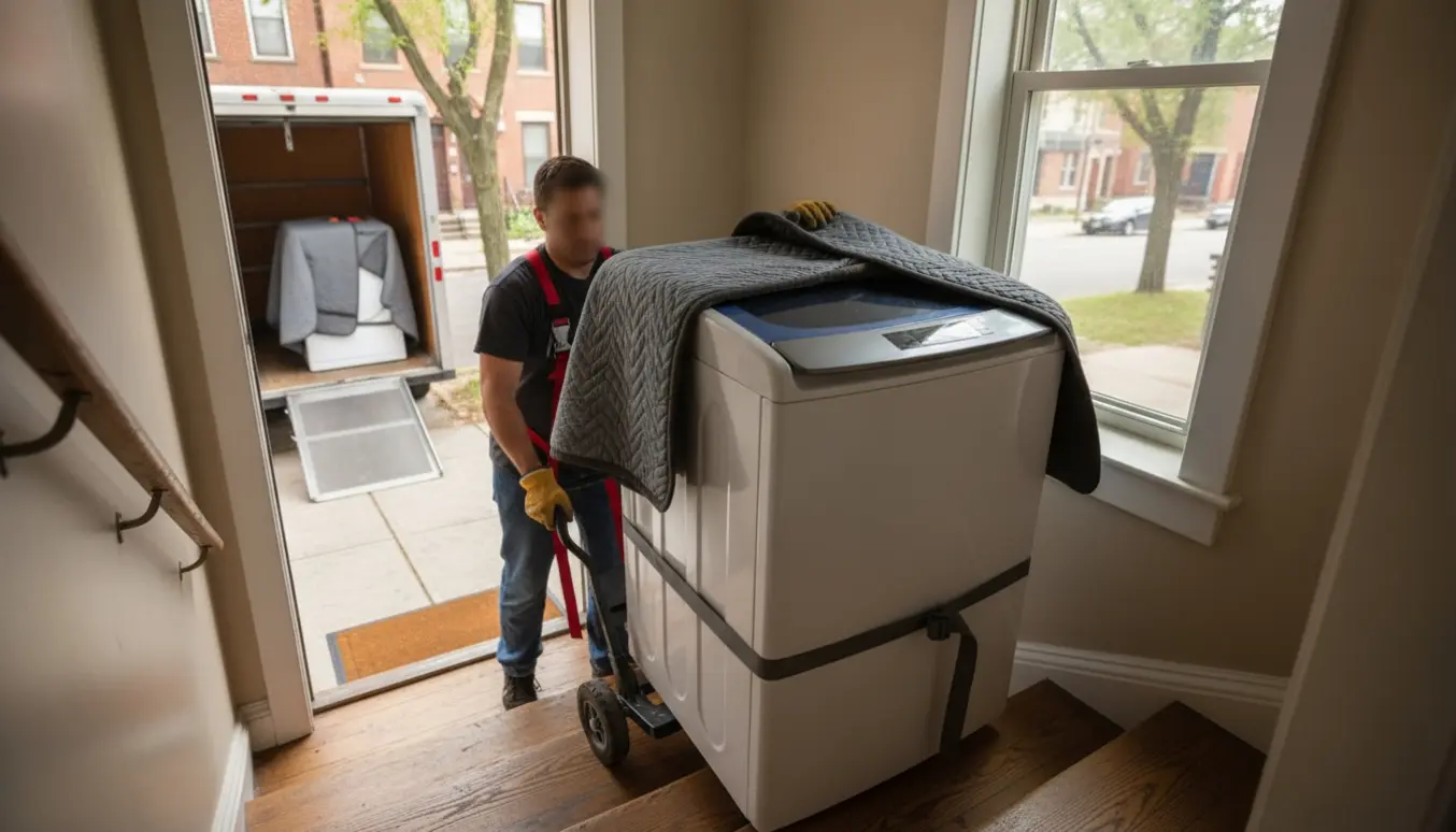 To flyttemedarbejdere trækker en vaskemaskine op ad lejlighedstrappen med flyttetæpper og bærestropper.