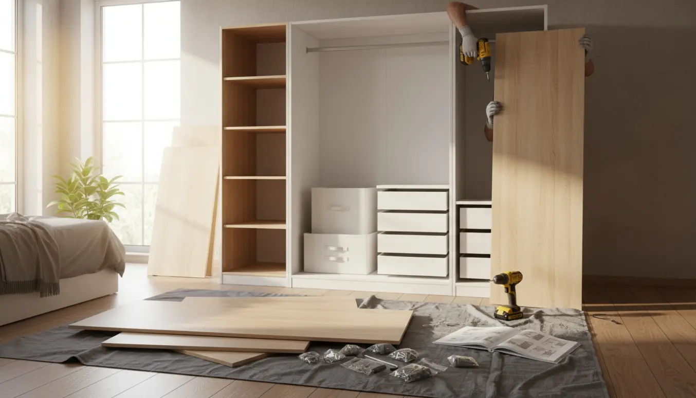 Delvist samlet modulskab med hylder, skuffer og værktøj, hænder monterer komponenter i et lyst soveværelse.
