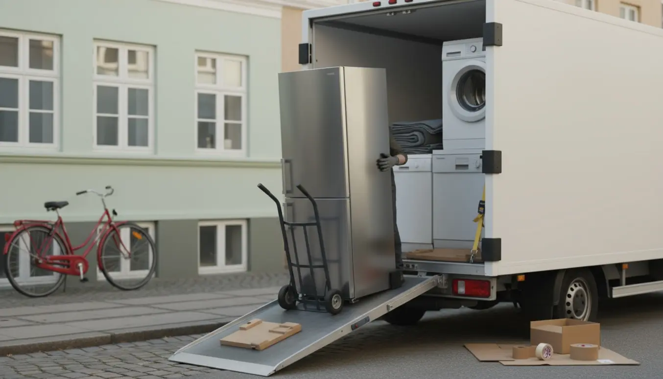 Et køleskab samt halvstore vaskemaskine og opvaskemaskine læsses ind i en hvid flyttebil på Frederiksberg.