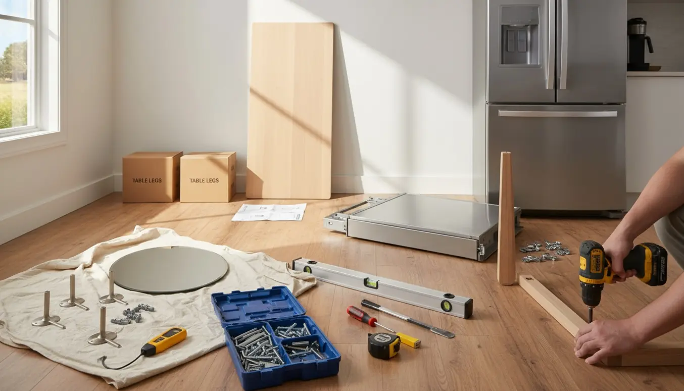 Delvist skillt spisebord og værktøj i et lyst køkken, med spejl og knager klar til ophæng og køleskabslåge taget af.