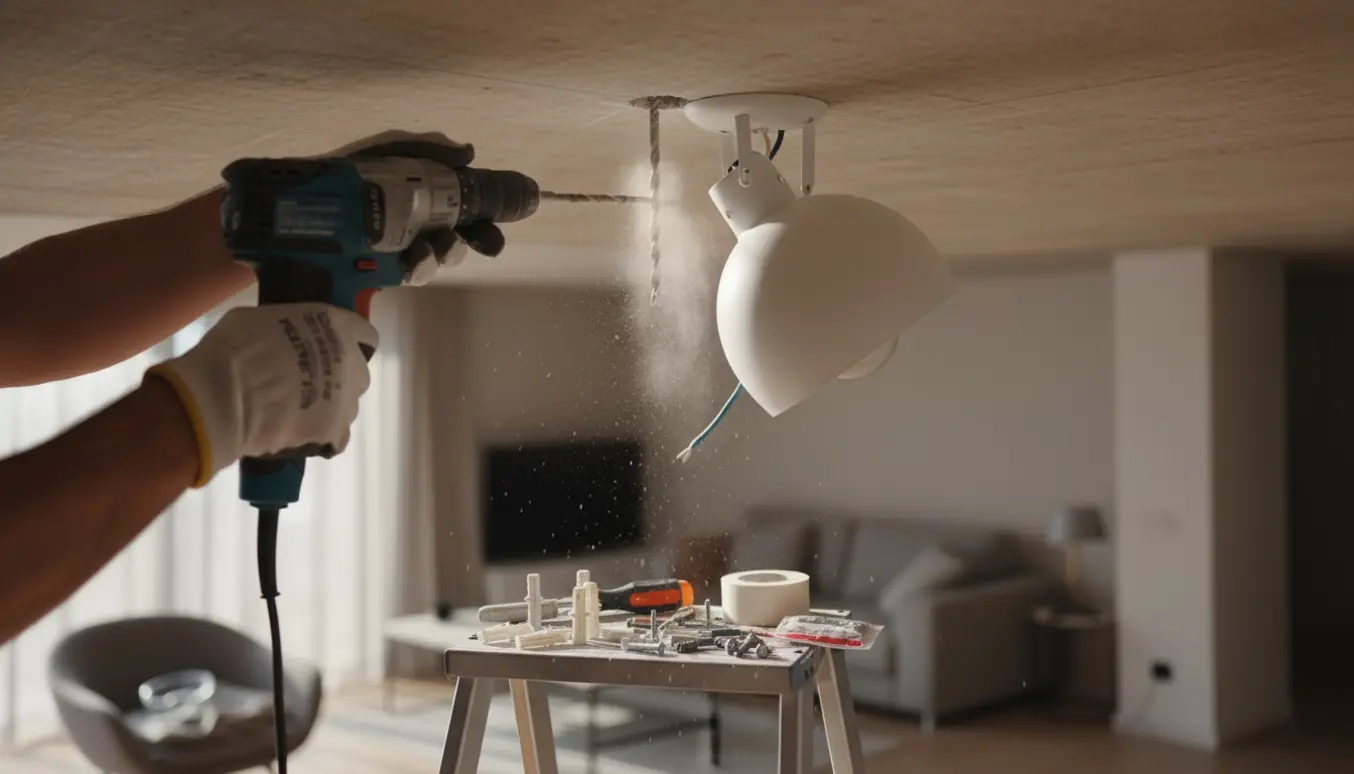 Hænder på en stige borer et nyt hul i et betonloft for at montere en hvid loftslampe, med værktøj og støv omkring.