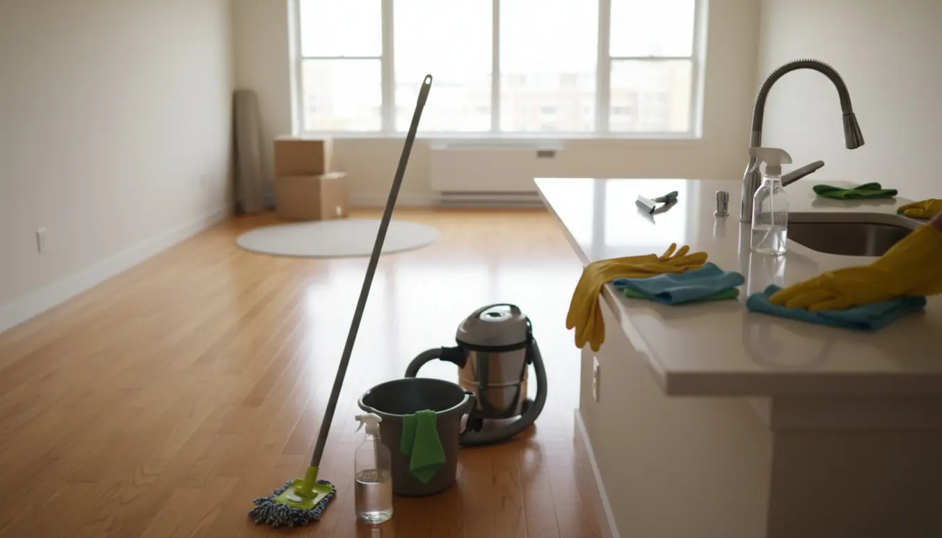 Rent, tomt lejlighedsværelse med rengøringsudstyr og skinnende gulve efter udflytningsrengøring.
