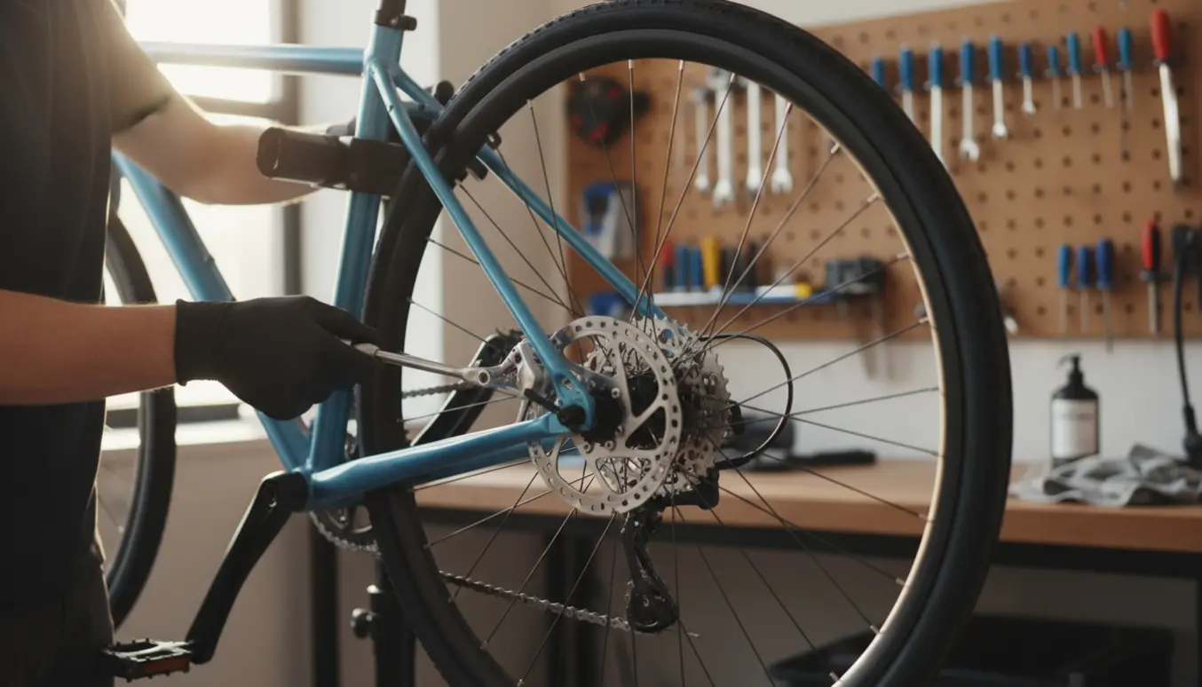 Ny samlet cykel på stativ i et lyst værksted, hvor en mekaniker tjekker bremser og gear.
