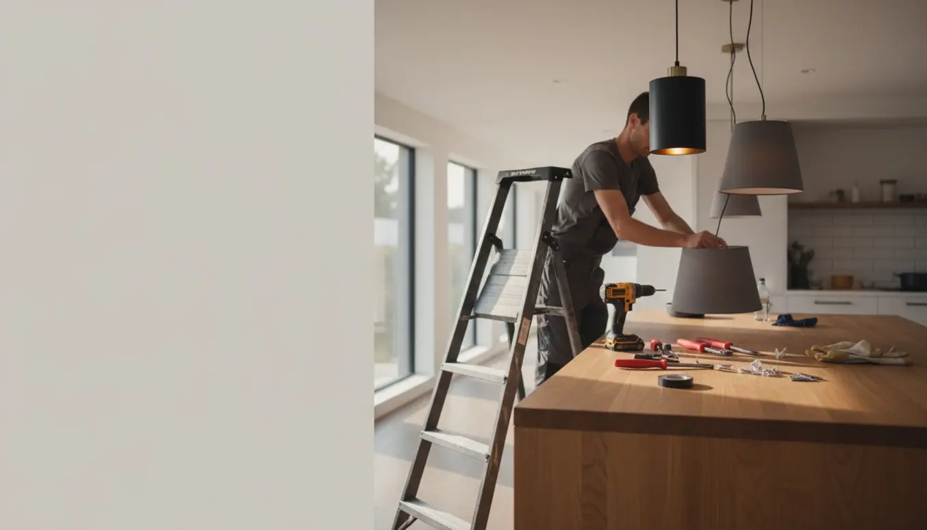En person på en stige hænger flere pendler over et køkkenbord med værktøj og materialer på bordet.