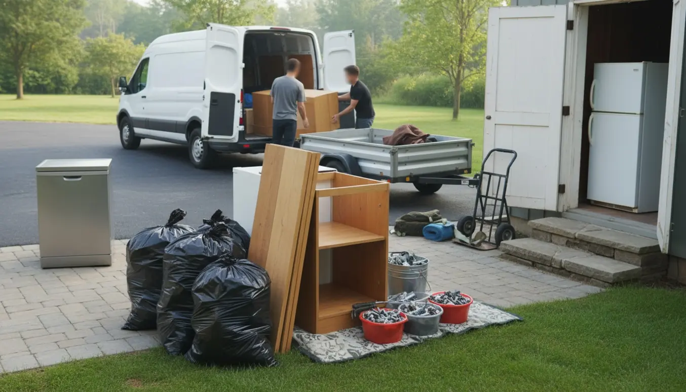 Køleskab i åben kælder, opvaskemaskine udenfor og sække, brædder og et adskilt skab klar ved en åben varevogn.