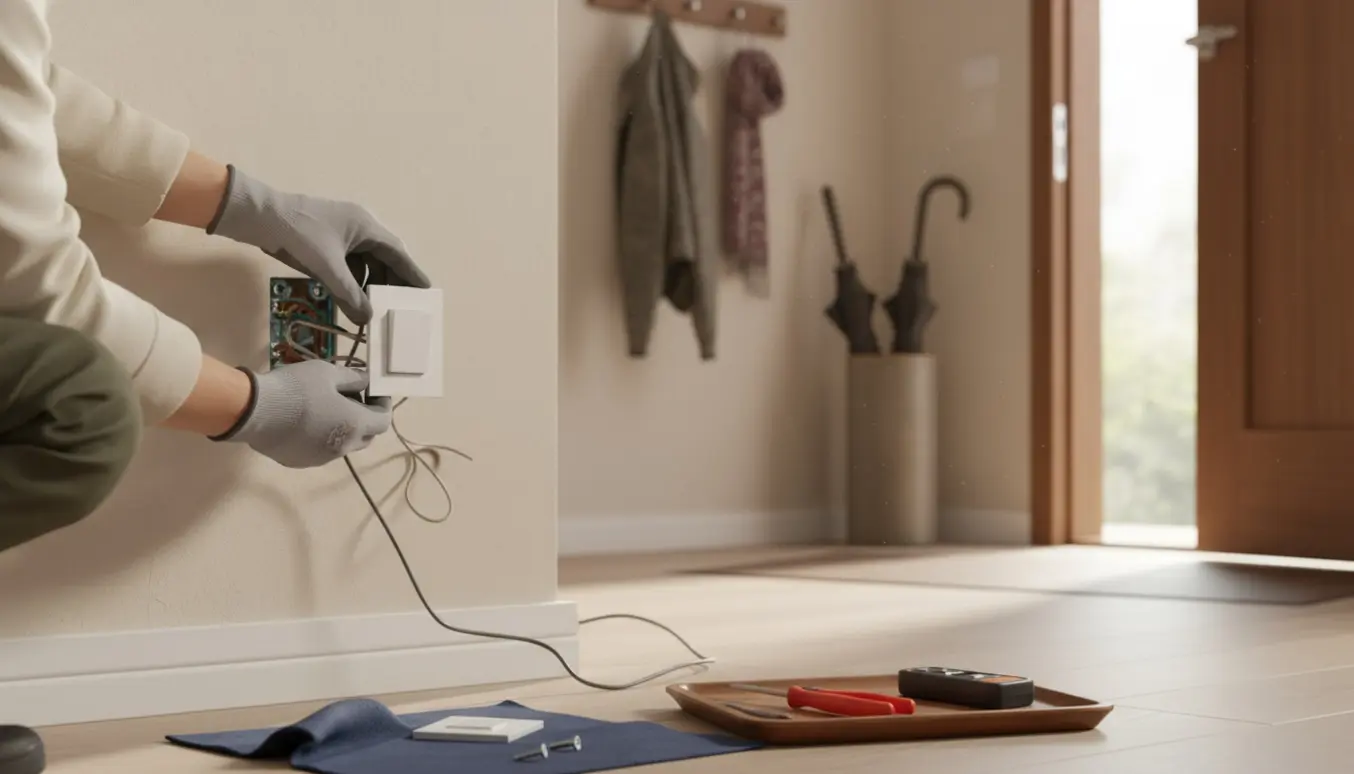 Nærbillede af hænder, der udskifter en slidt skydeafbryder med en ny rocker-afbryder i en entré.