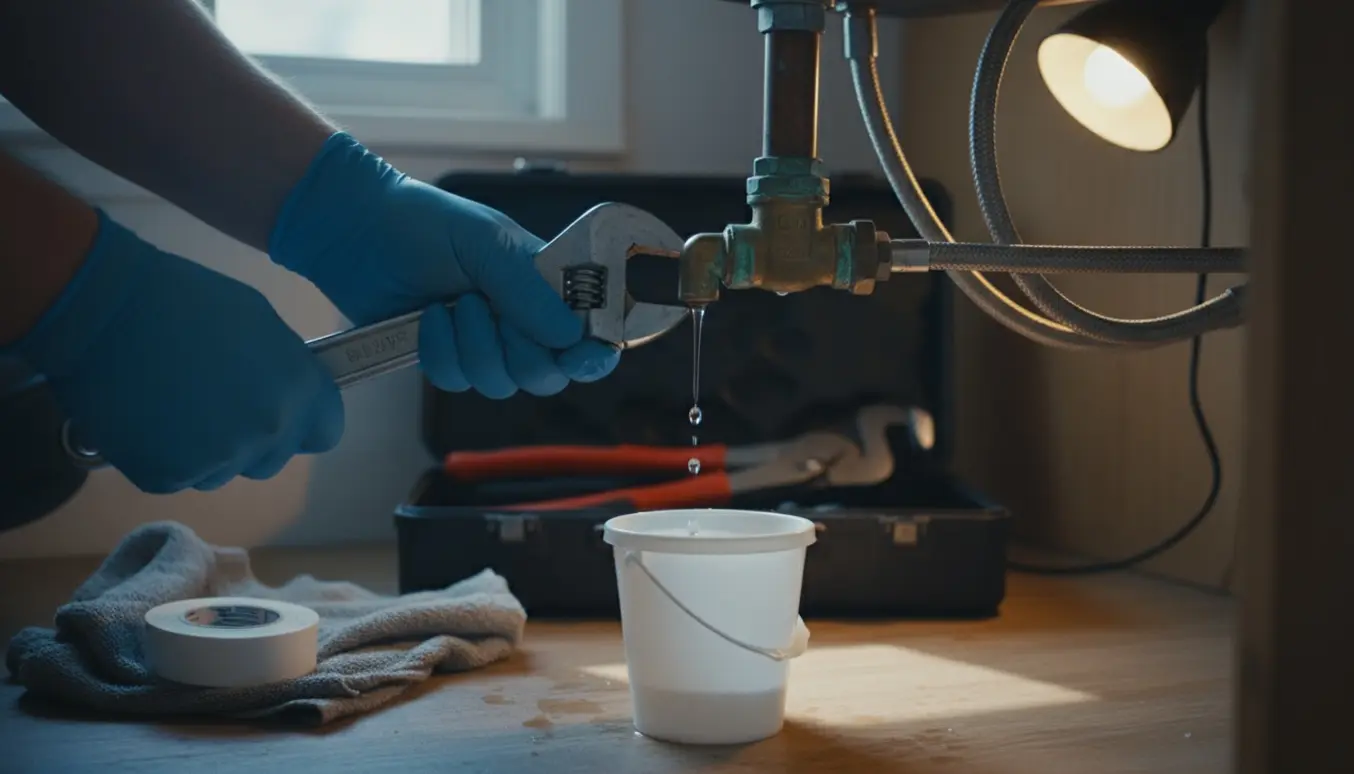 Nærbillede af hænder, der strammer en vandventil under en vask med dryppende vand og værktøj.