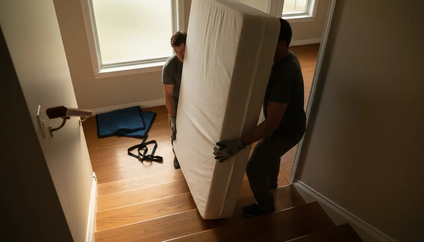 To mænd bærer en smal boksmadras op ad en indvendig trappe mod 1. sal.