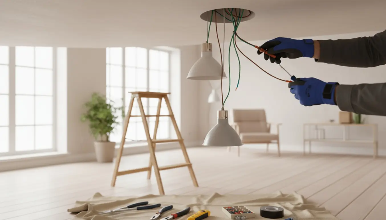 Handskerklædte hænder forbinder brune, blå og gul-grønne ledninger til to ophængslamper i et lyst rum.