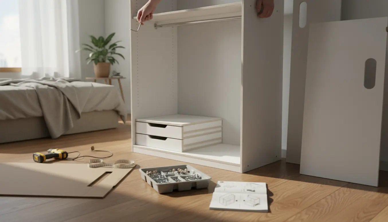 Delvist samlet PAX-klædeskab i et lyst soveværelse med værktøj og hænder, der strammer beslag.