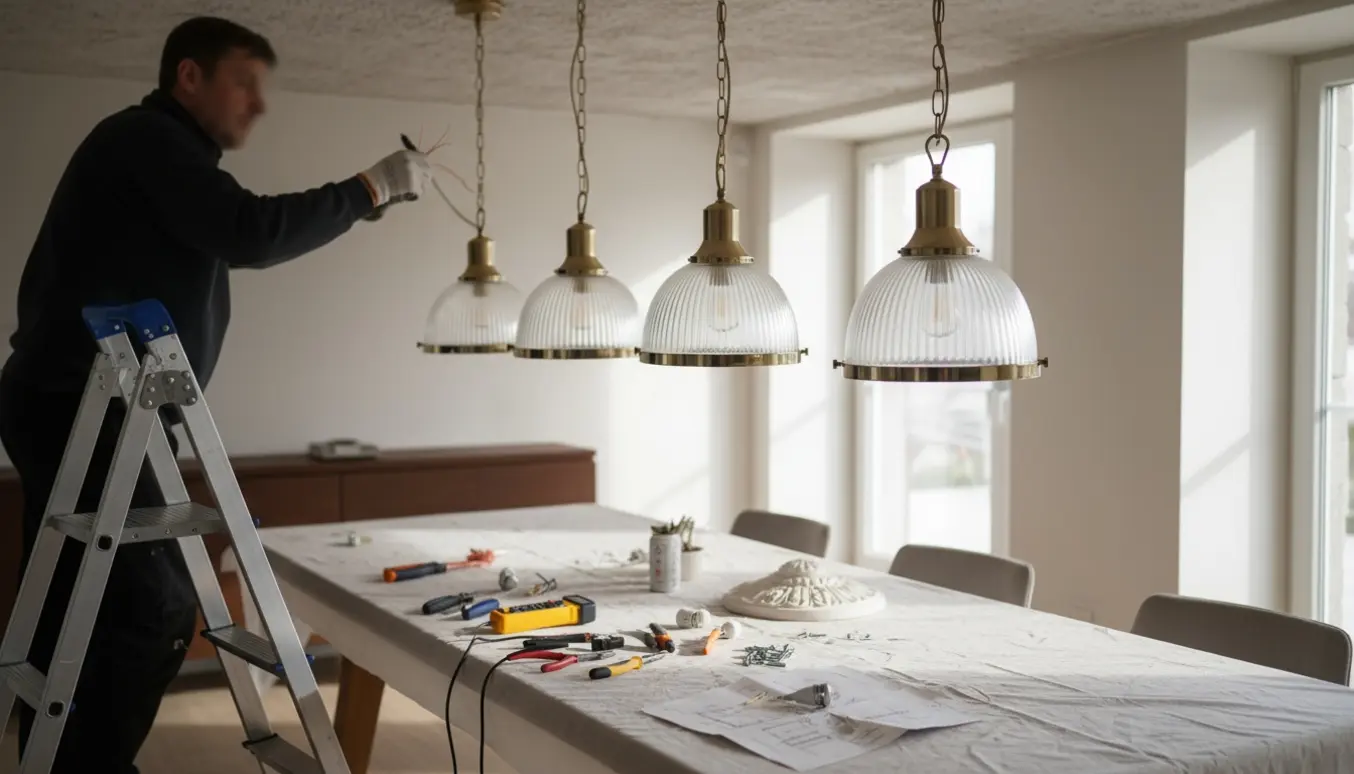 Installatør monterer fire-fem pendellysekroner over et lyst spisebord, set bagfra med værktøj og stige.