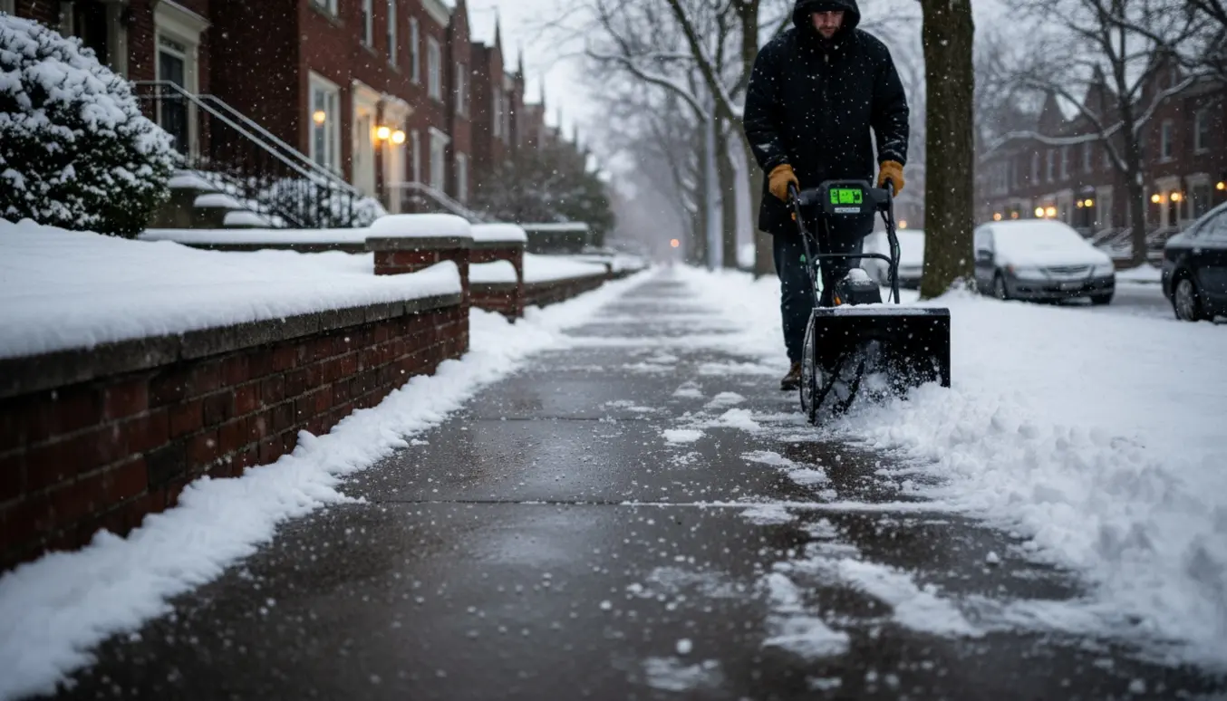 Et cirka 20 meter langt fortov ryddet for sne, set bagfra med en person i vintertøj, mens sne skovles væk under let snedrift.