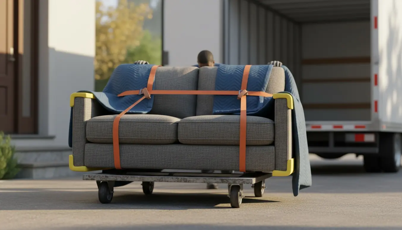 En lille to-personers sofa pakket på en flyttevogn foran en åben varevogn, klar til afhentning.