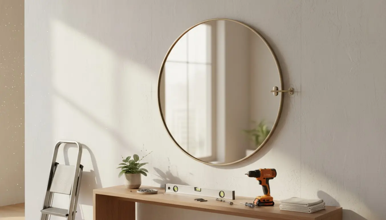 Stort rundt spejl hænges op i en lys entré, kun montørens hænder er synlige.