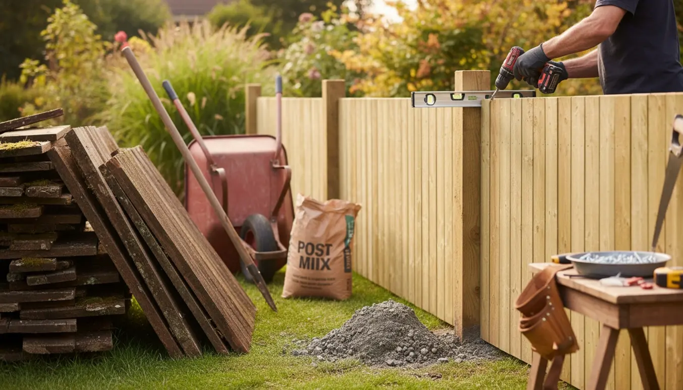 Udskiftning af gammelt hegn med nye træstolper og paneler i en baghave.