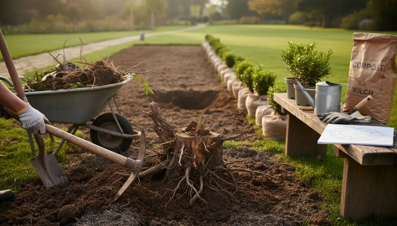 Nærbillede af rydning af randbeplantning med fjernelse af stub og forberedelse til nyplantning i en soloplyst have.