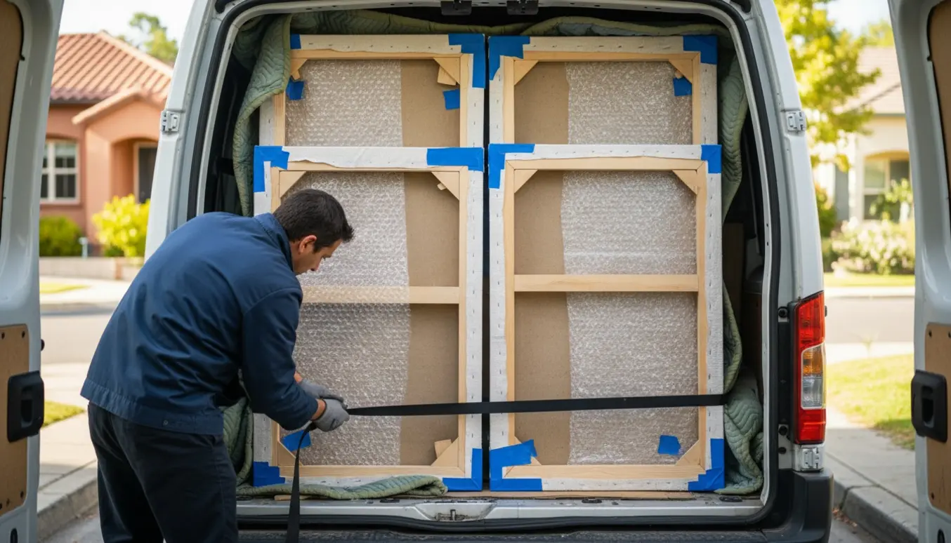 Store kvadratiske malerier bliver forsigtigt læsset ind i en mindre varevogn og sikret med bobleplast og remme.