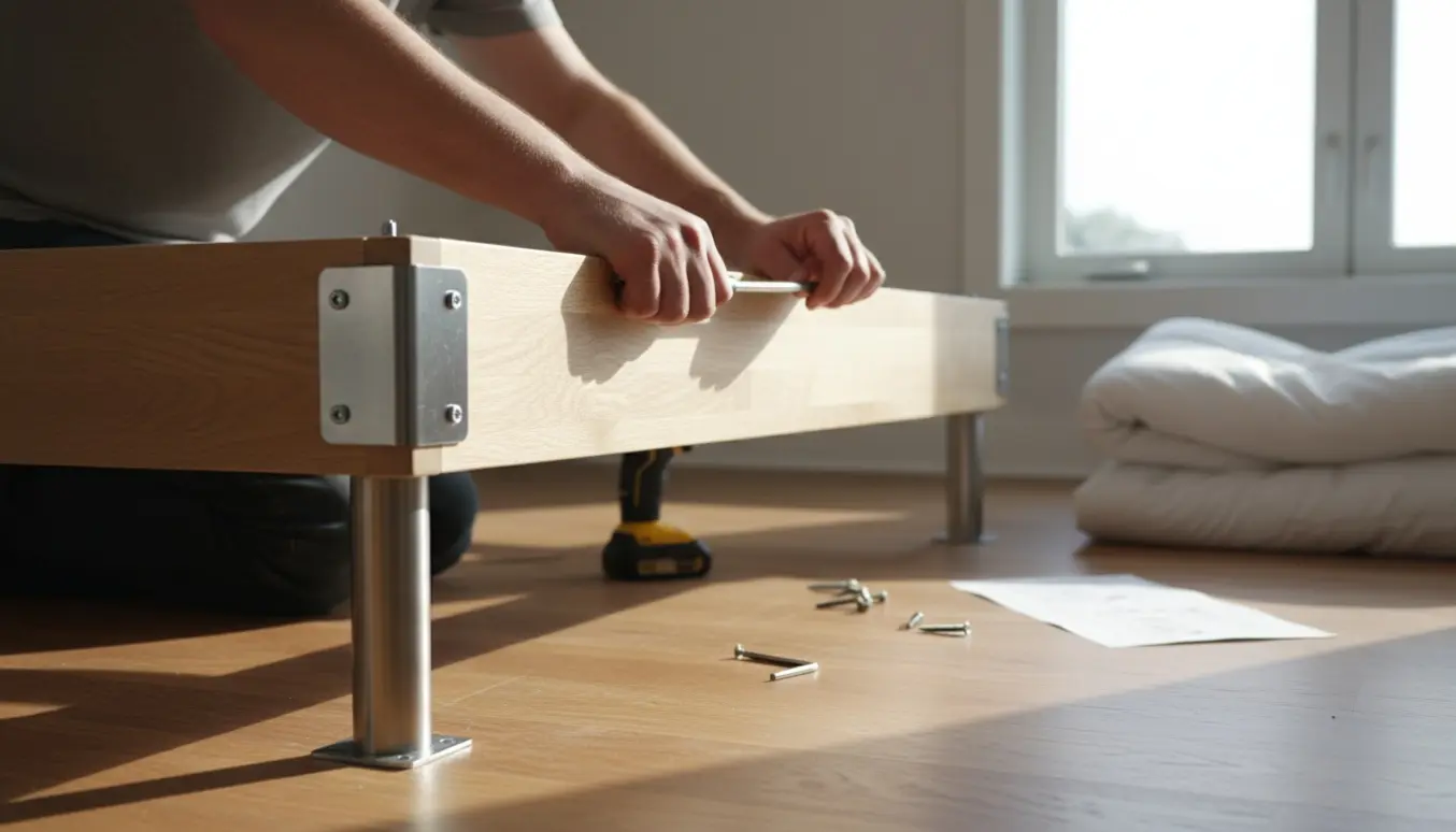 Hænder monterer stålben og hjørnebeslag på en ny seng i et lyst soveværelse.