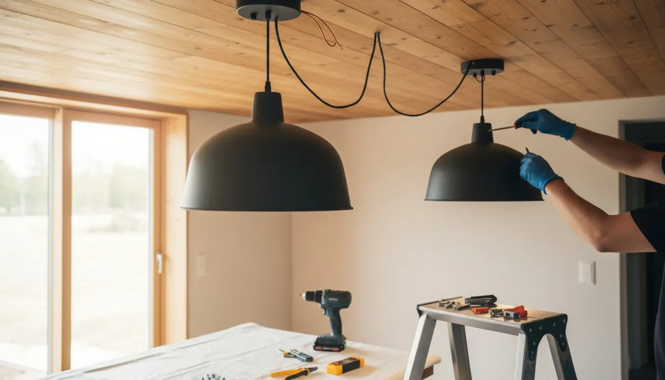 To moderne pendellamper monteres i et træloft, en hånd på en stige sikrer beslag og ledninger.