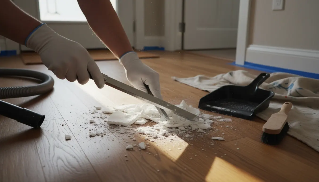 Nærbillede af handske‑klædte hænder, der skraber hærdet gulvspartel af et plankegulv i en lille entré.