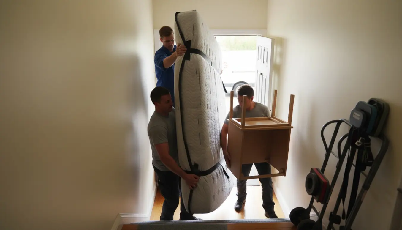 Flyttefolk bærer en 140x200 seng og et skriverbord ned ad en smal trappe, pakket ind i flyttebeskyttelse.