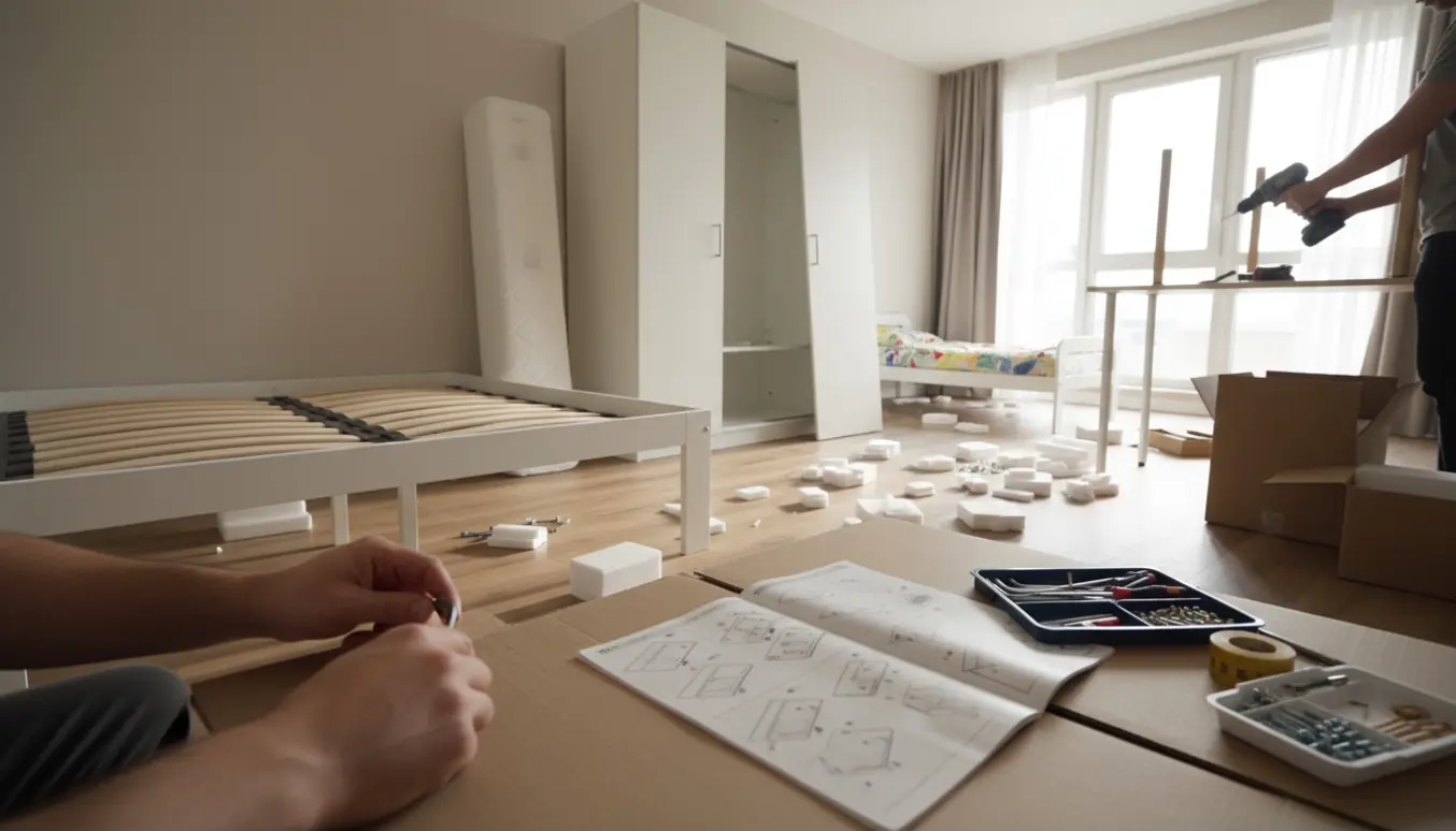 Delvist samlede møbler i en lys lejlighed: garderobe, voksen- og børneseng samt skrivebord med værktøj og emballage.