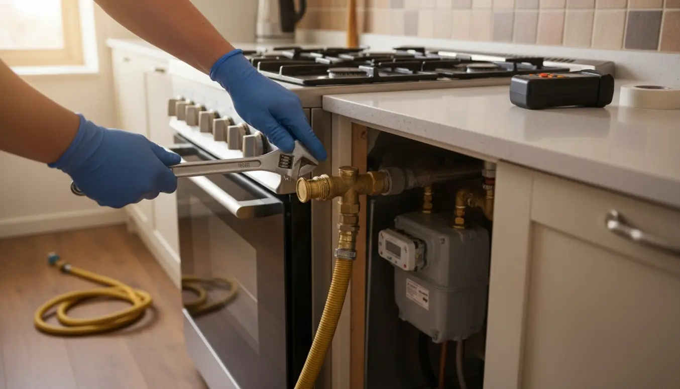 Autoriseret VVS-montør afmonterer og afpropper et bygaskomfur i et lejlighedskøkken med gasmåler i baggrunden.