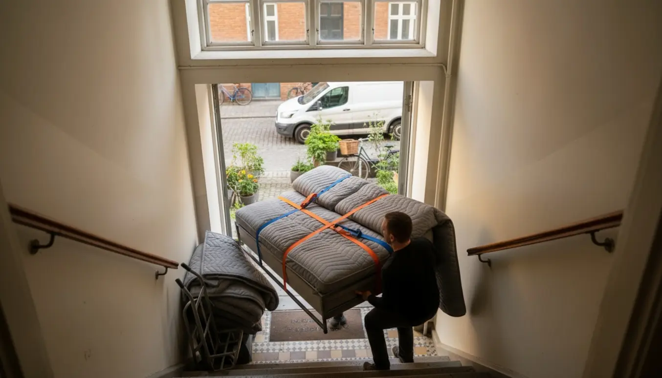 To personer bærer en sammenklappet sengesofa ned ad en opgangstrappe mod en flyttebil i aftenslys.